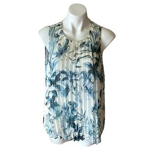 Worthington Blue And White Sleeveless Pleated Floral Camisole Blouse Petite L
